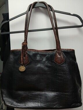 BRAHMIN Women’s Black Leather Shoulder Bag with Brown Croc-Texture Handles